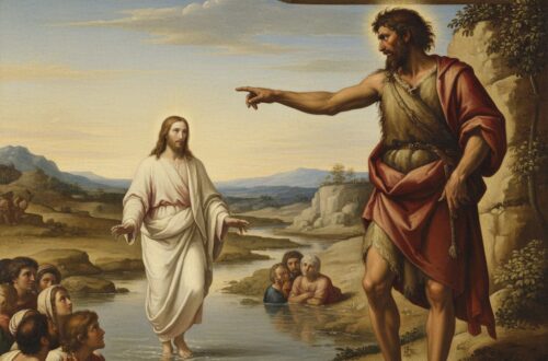 John the Baptist stands on a riverbank pointing toward Jesus, who walks toward him through the water as a group of people watches from the shore.
